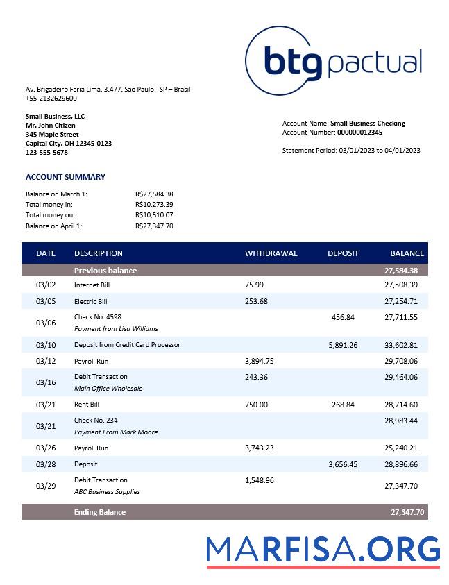 Downloadable BTG Pactual Bank business checking account statement Word and PDF template